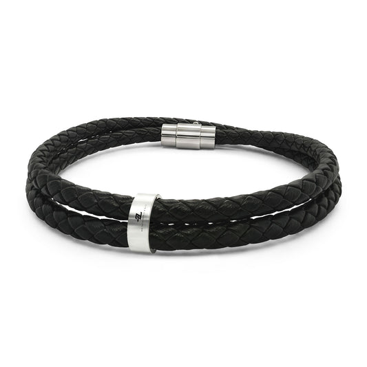 Engravable Black Braided Leather Bracelet with Stainless Bead