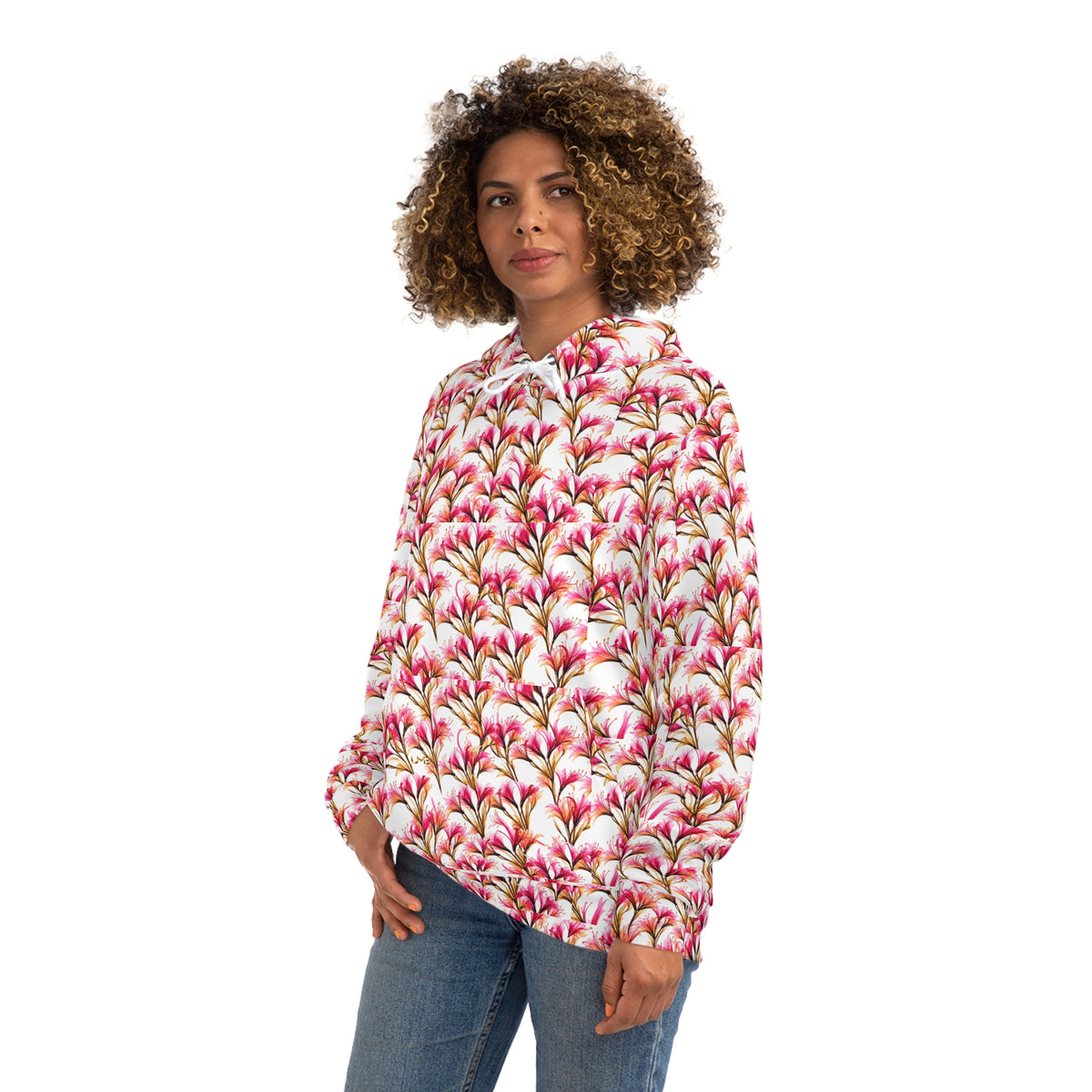 Floral All-Over Print Hoodie — White Base Pink Watercolor Lily Pattern