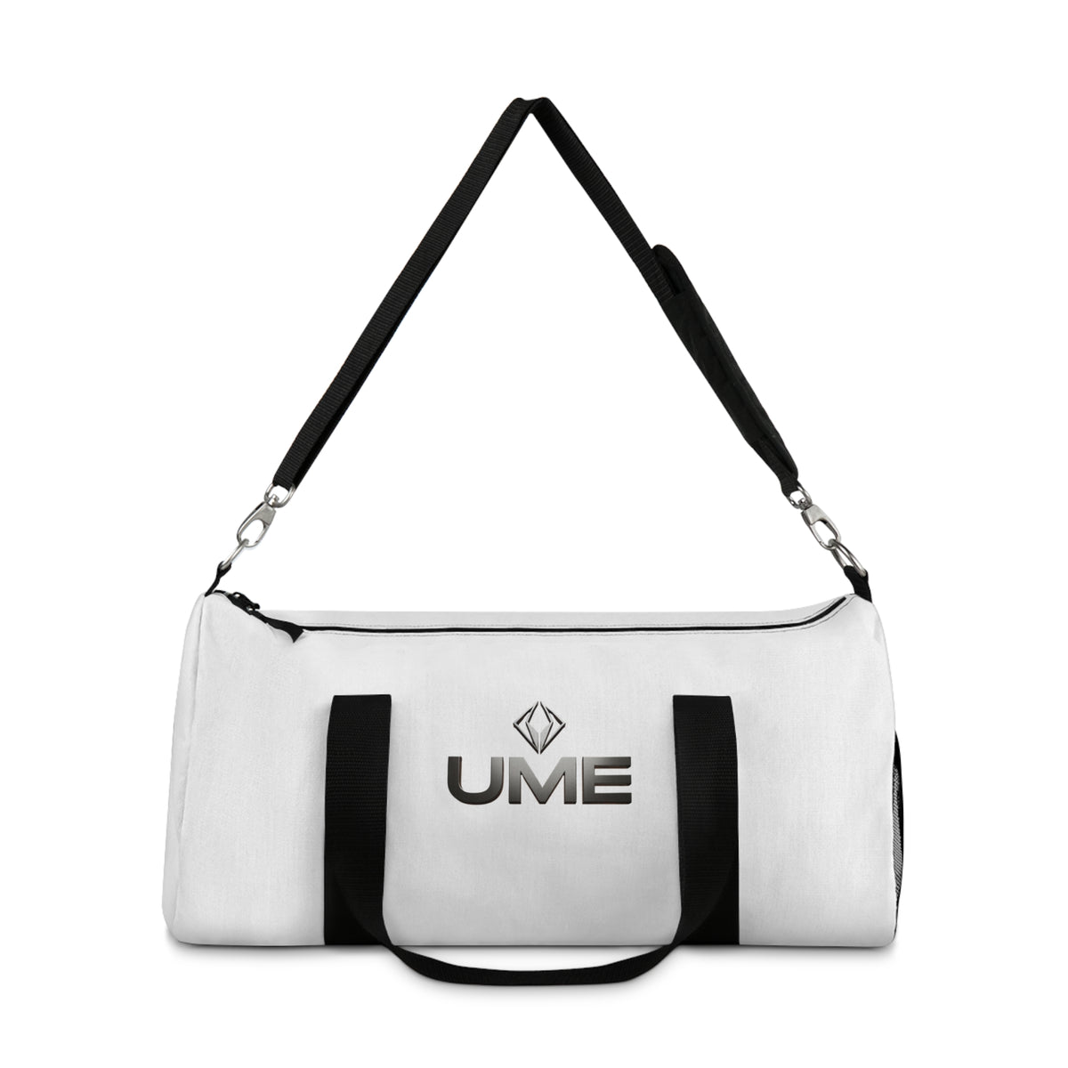 White UME Logo Duffel Bag — Travel & Gym Weekender