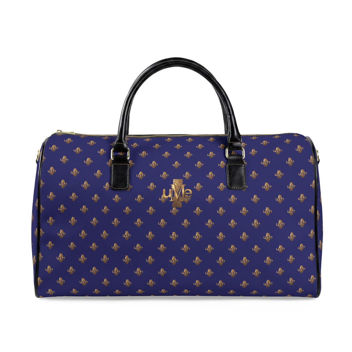 UME Logo Faux-Leather Travel Bag — Navy and Gold Weekender