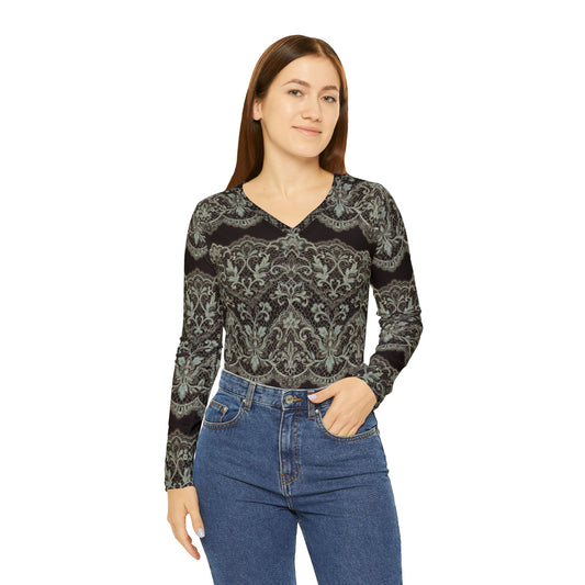 Women's V-Neck Long Sleeve Top — Vintage Damask All-Over Print
