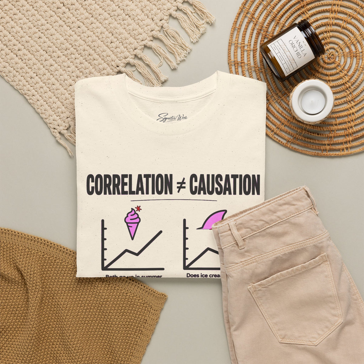 Correlation ≠ Causation Graphic Tee — White, Blue, Pink, Yellow & Neutral Bases