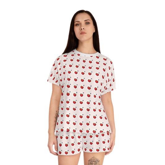 Strawberry Print Pajama Set — Women's Short Sleeve Lounge Set