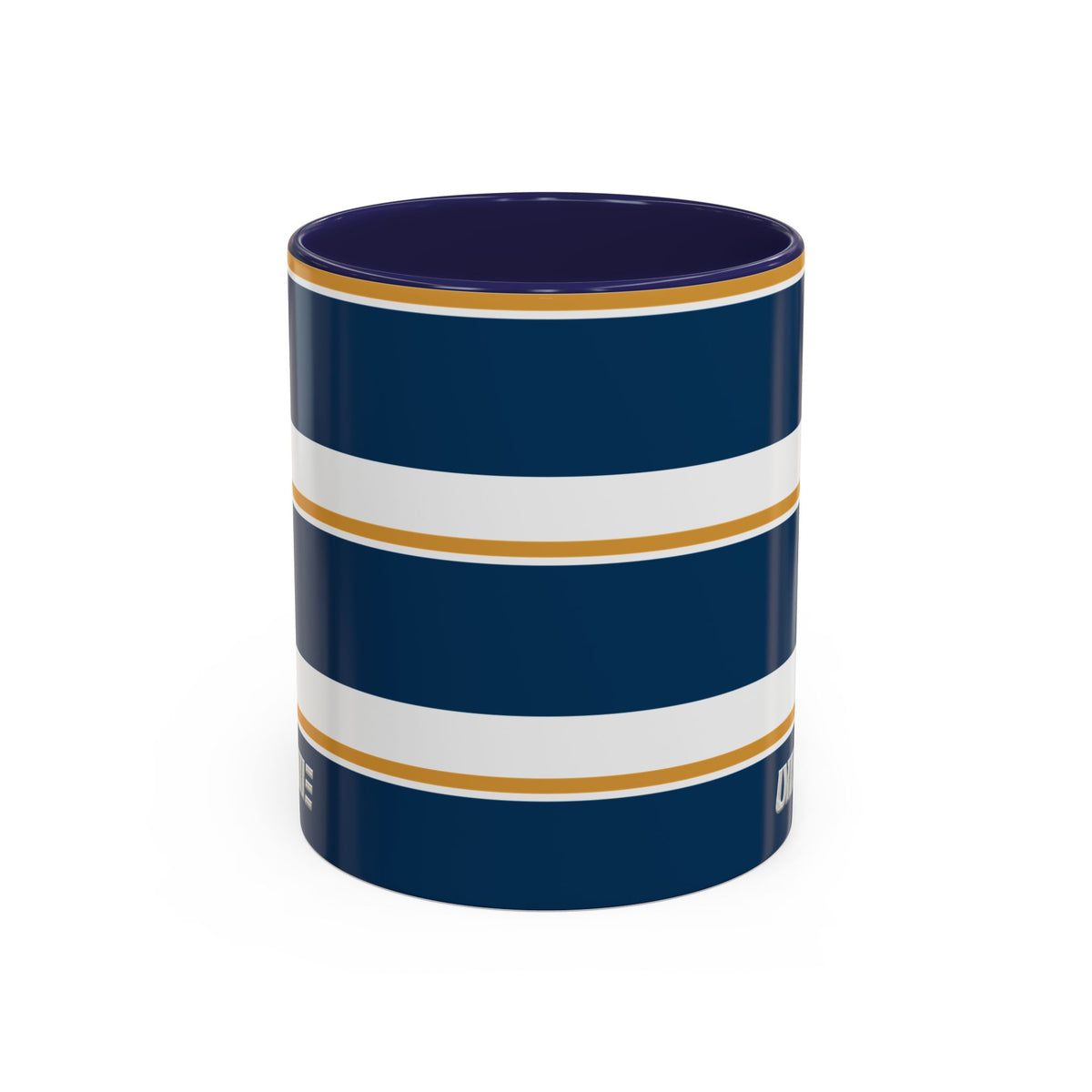 Navy and Gold Striped Accent Mug — White Ceramic