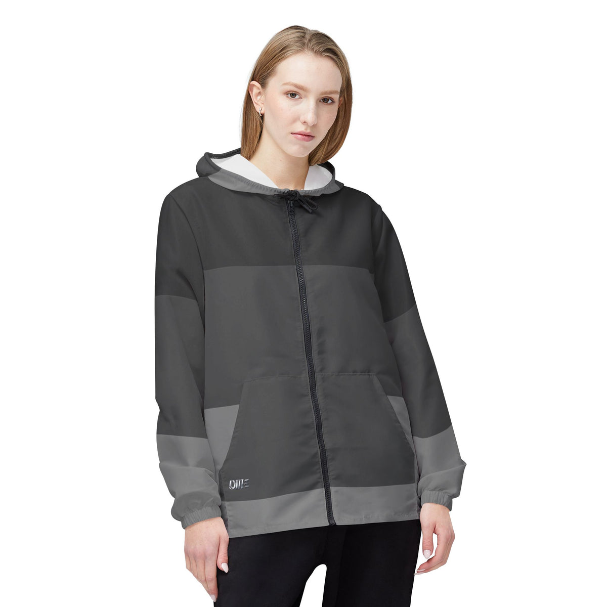 Gray Striped Windbreaker Jacket – Lightweight Hooded AOP Shell
