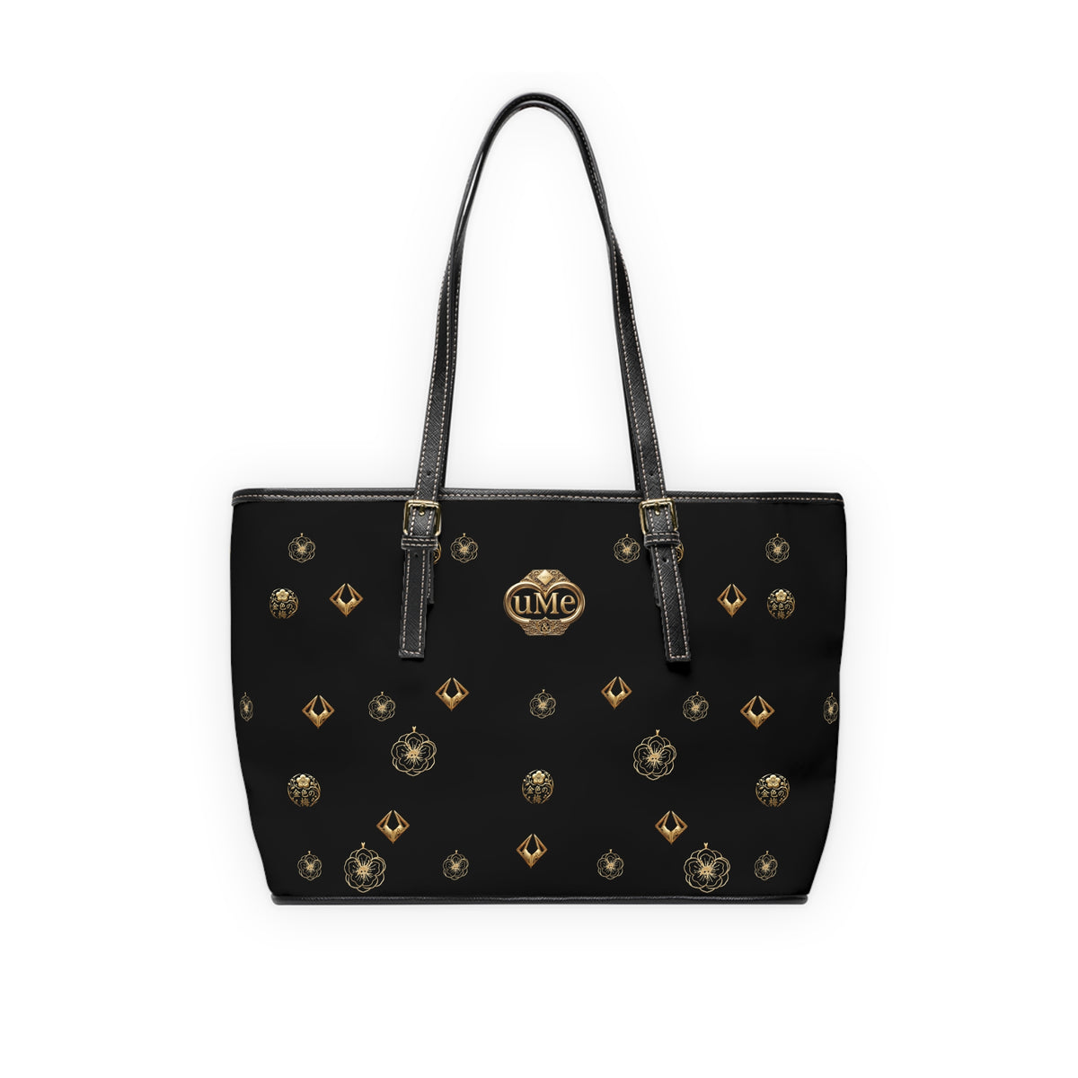 Monogrammed Black PU Shoulder Bag — Gold uMe Pattern Tote for Everyday Use