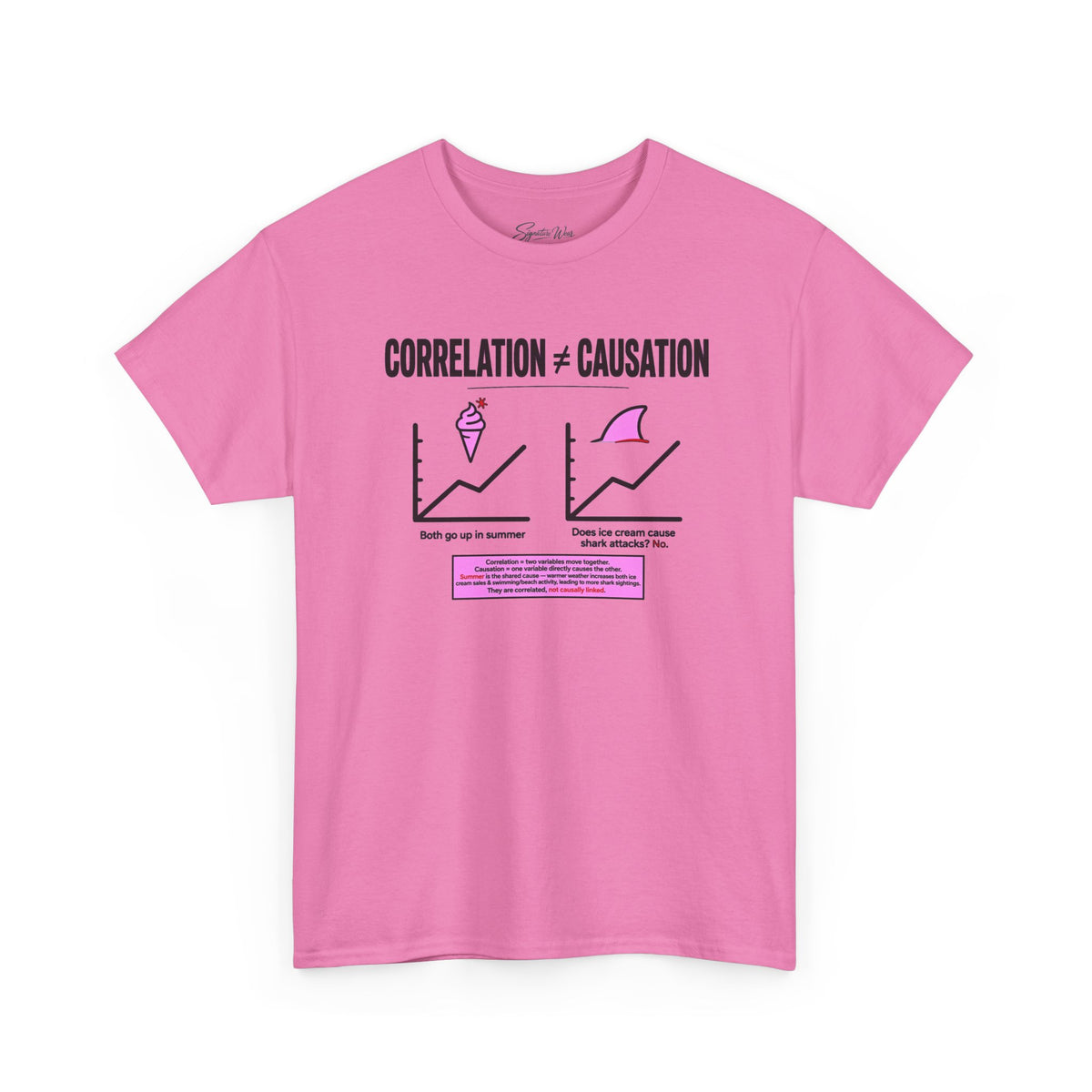 Correlation ≠ Causation Graphic Tee — White, Blue, Pink, Yellow & Neutral Bases