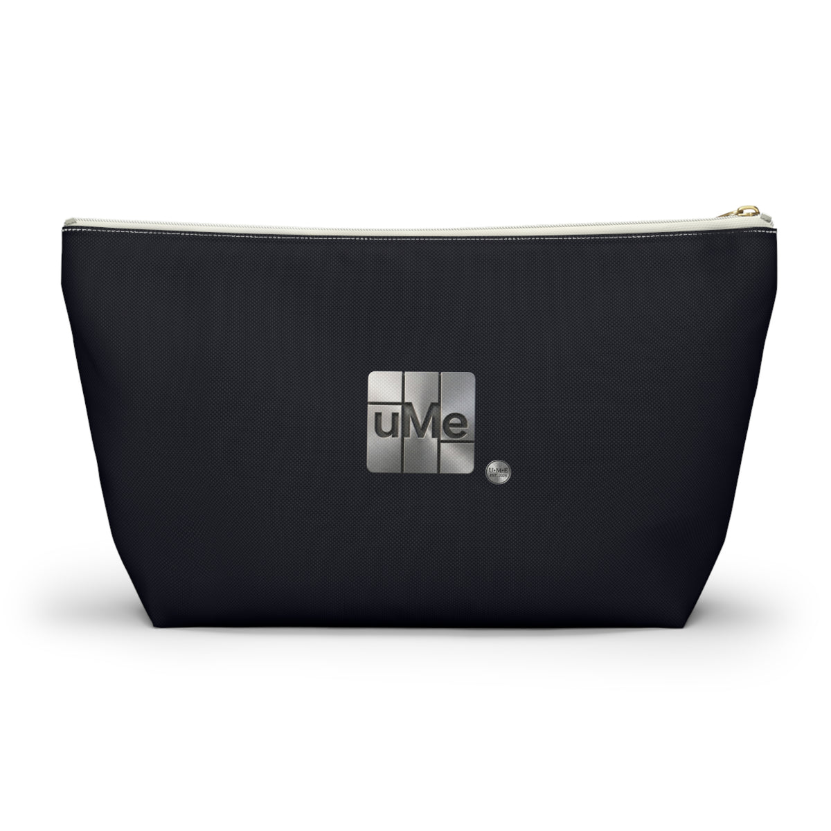 Accessory Pouch — Sleek Black T‑Bottom Cosmetic & Tech Organizer with Metallic 'uMe' Logo
