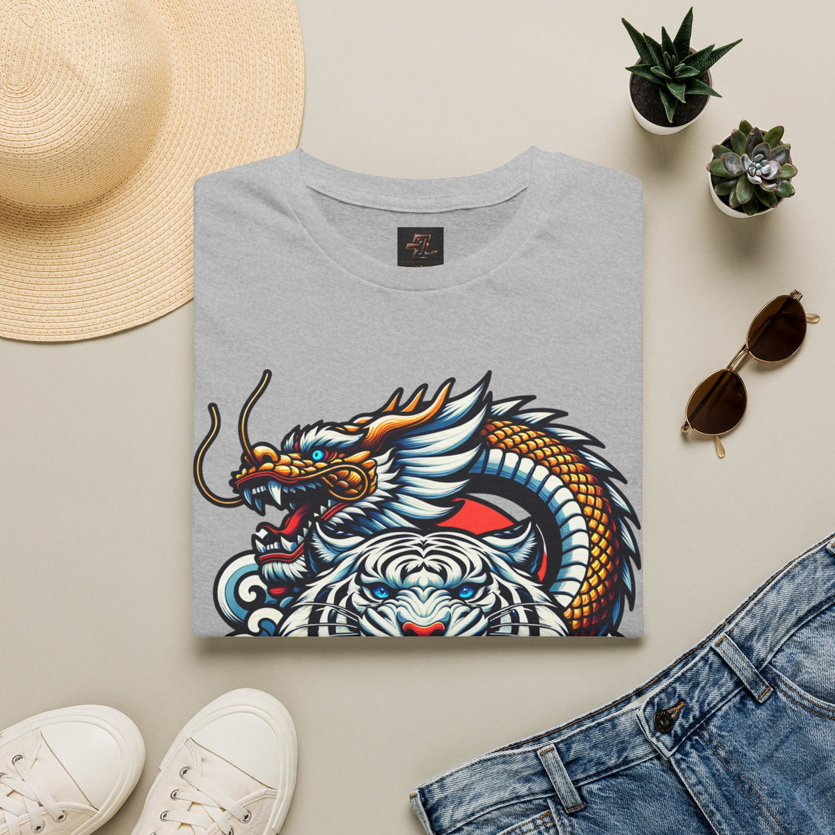 Dragon and Tiger Graphic T-Shirt — Bold Asian Tattoo Style Tee
