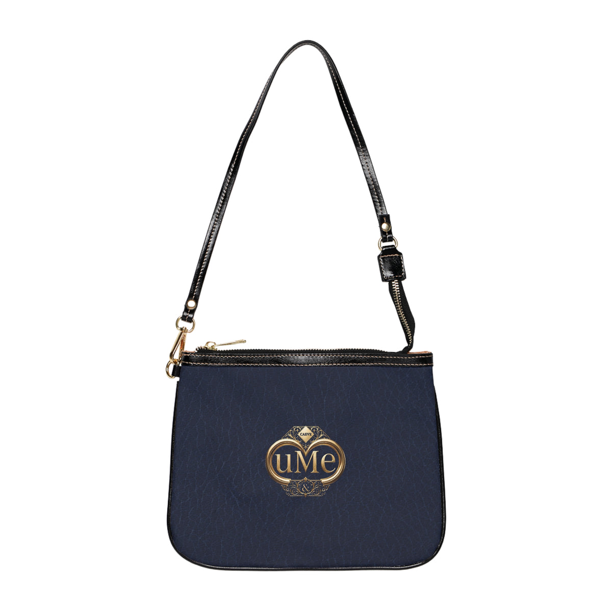 Navy Small Shoulder Bag with Gold 'uMe' Emblem — Elegant Everyday Shoulder Bag