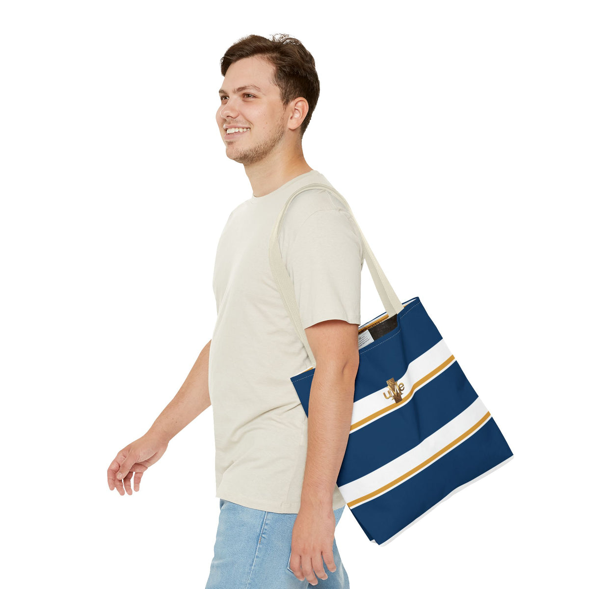 LIVE Cross Tote Bag — Navy & White Stripes with Gold Motif