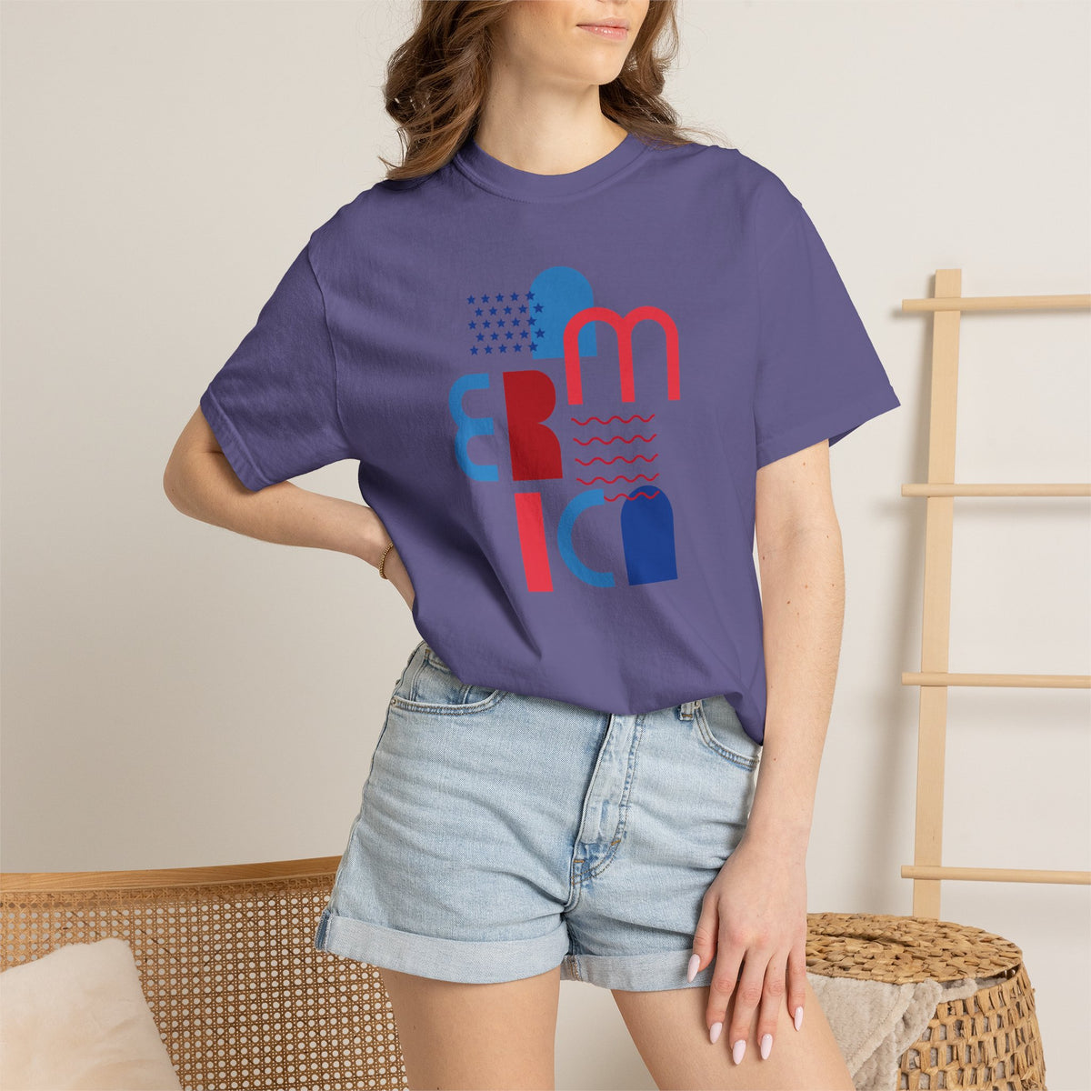 T-Shirt — Abstract 'America' Graphic Tee (Red & Blue Geometric Design)