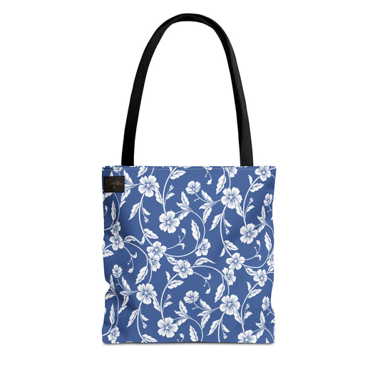 Blue Floral Tote Bag — Vintage White Blossom All-Over Print
