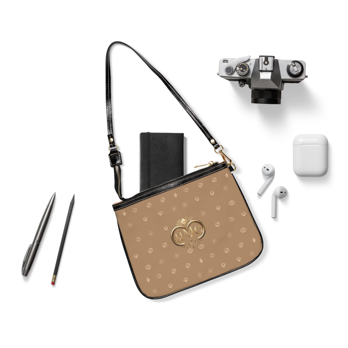 Small Beige Shoulder Bag — UME Monogram Purse with Adjustable Strap