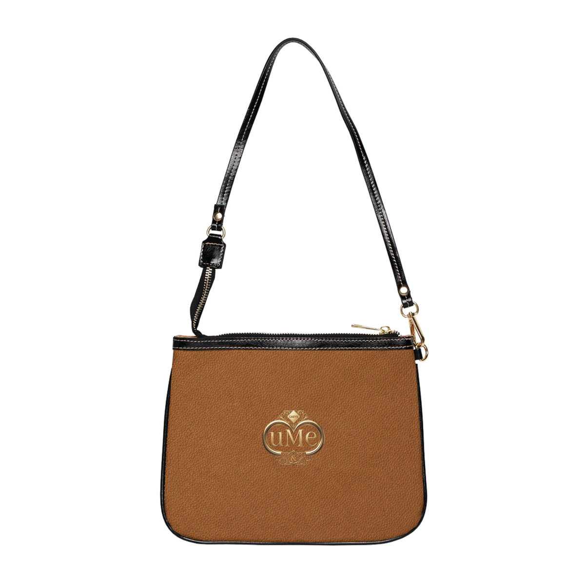 Brown Leatherette Small Shoulder Bag — Minimalist Shoulder Purse with Gold Emblem