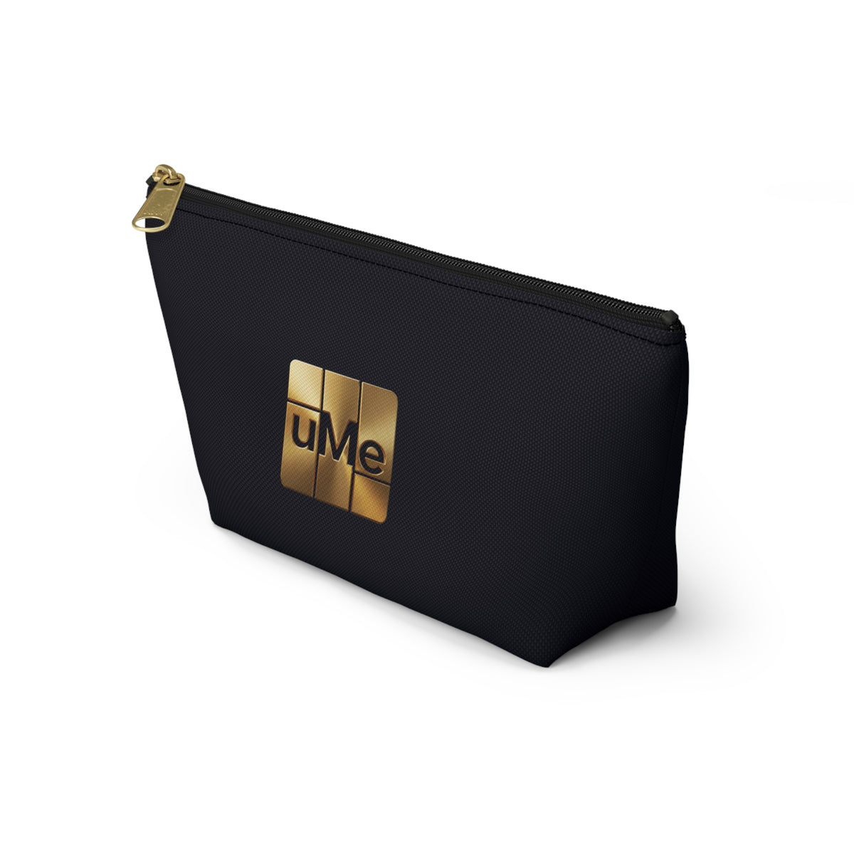 Gold uMe Logo Accessory Pouch — Black T‑Bottom Makeup & Travel Organizer