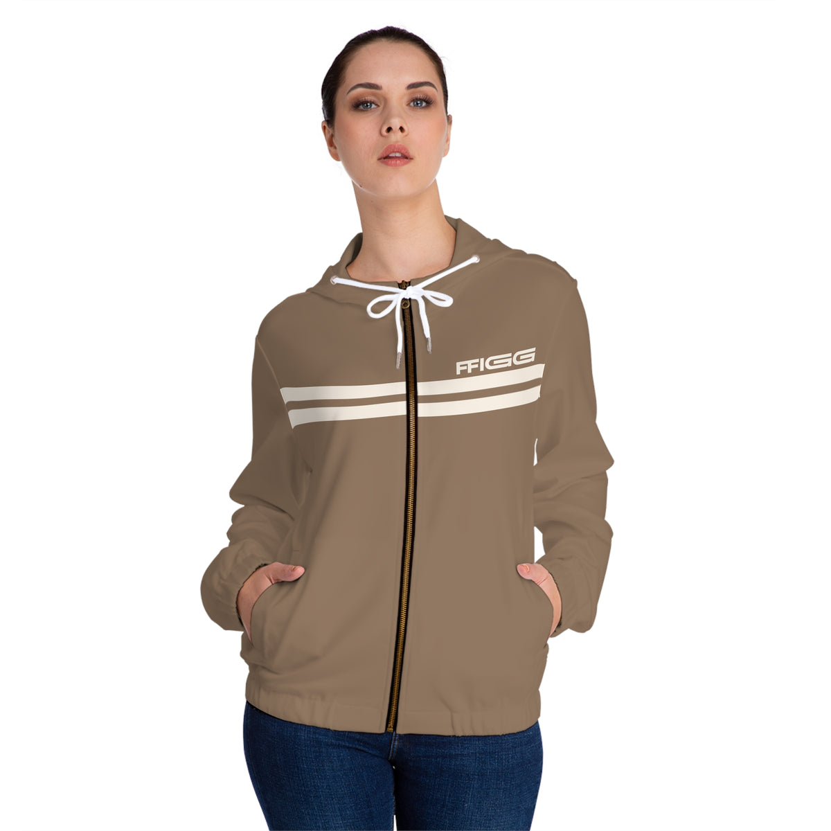 Women’s Full-Zip Hoodie with Retro Stripe Design — Sand All-Over Print