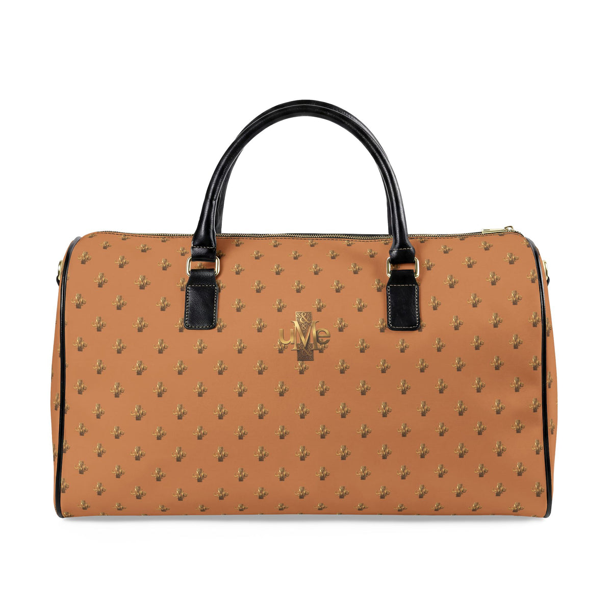 Monogram Faux Leather Travel Bag — Classic Camel & Gold Tiny Palm Print Weekender