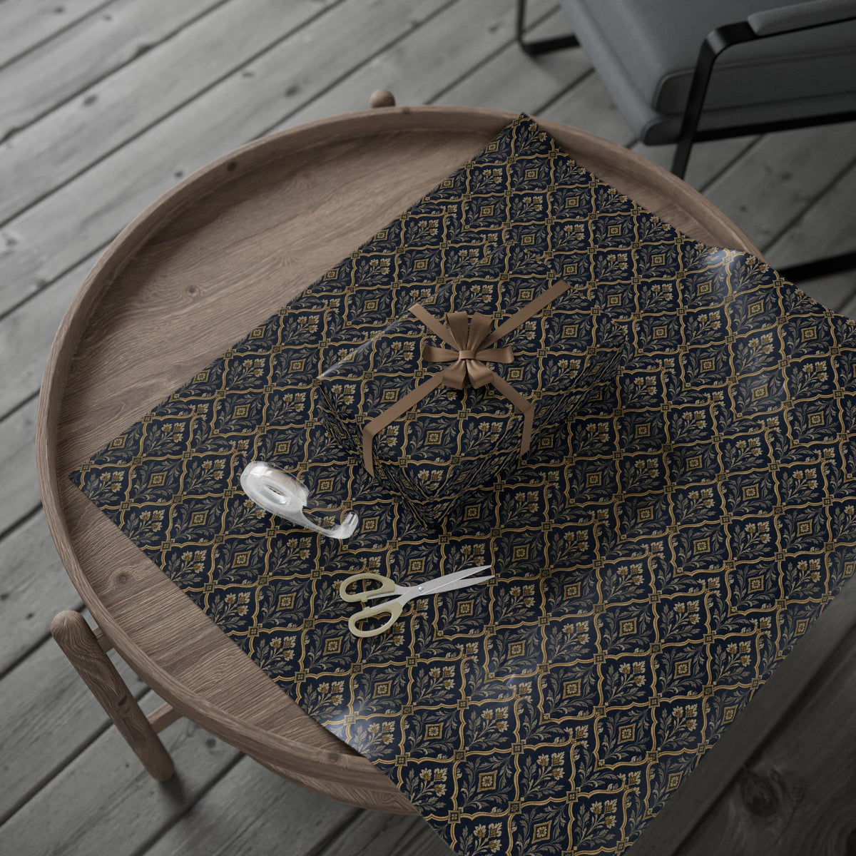 Lux Navy & Gold Damask Wrapping Paper Roll — Elegant Gift Wrap for Weddings, Anniversaries & Holidays