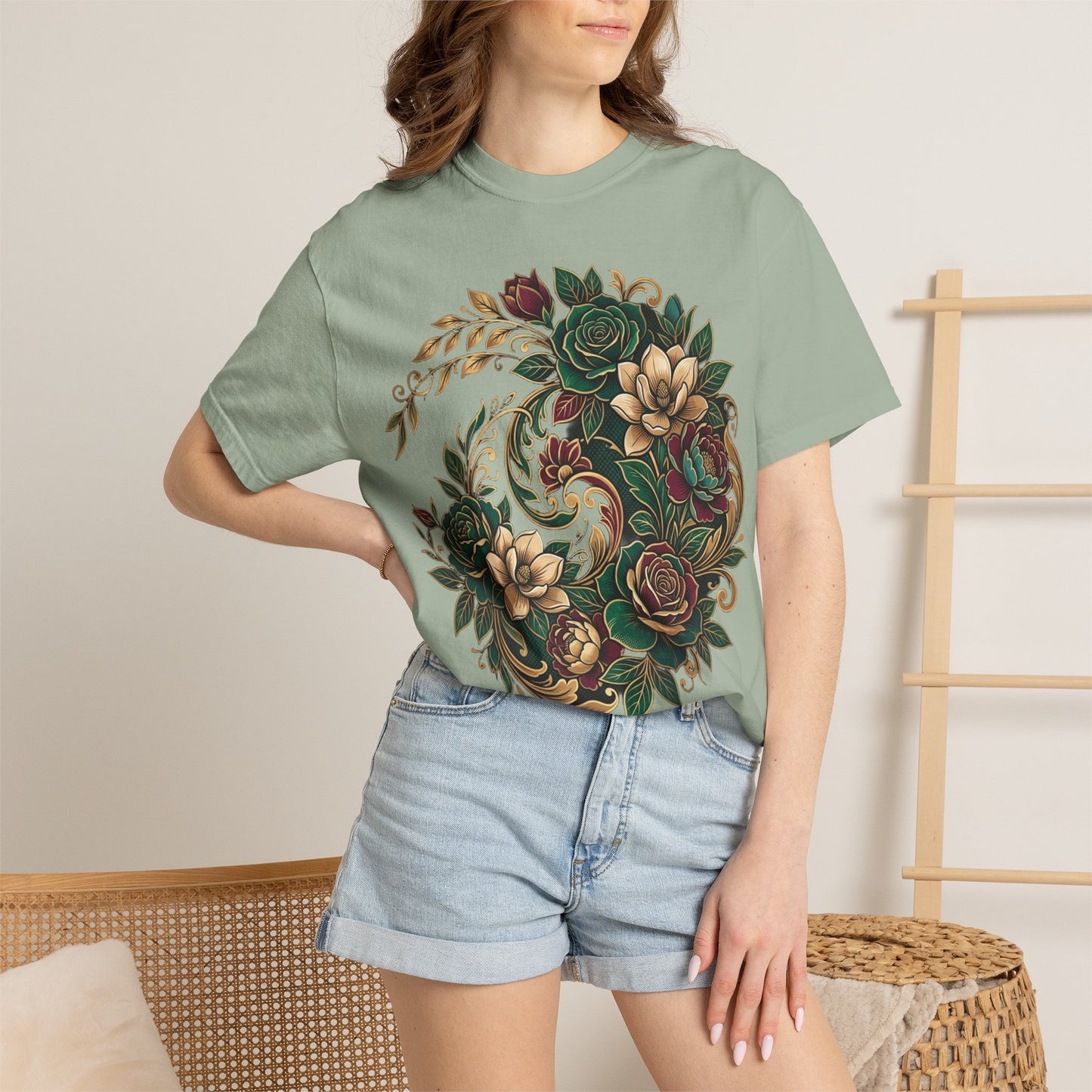 Floral Yin Yang T-Shirt — Vintage Green & Gold Rose Graphic Tee
