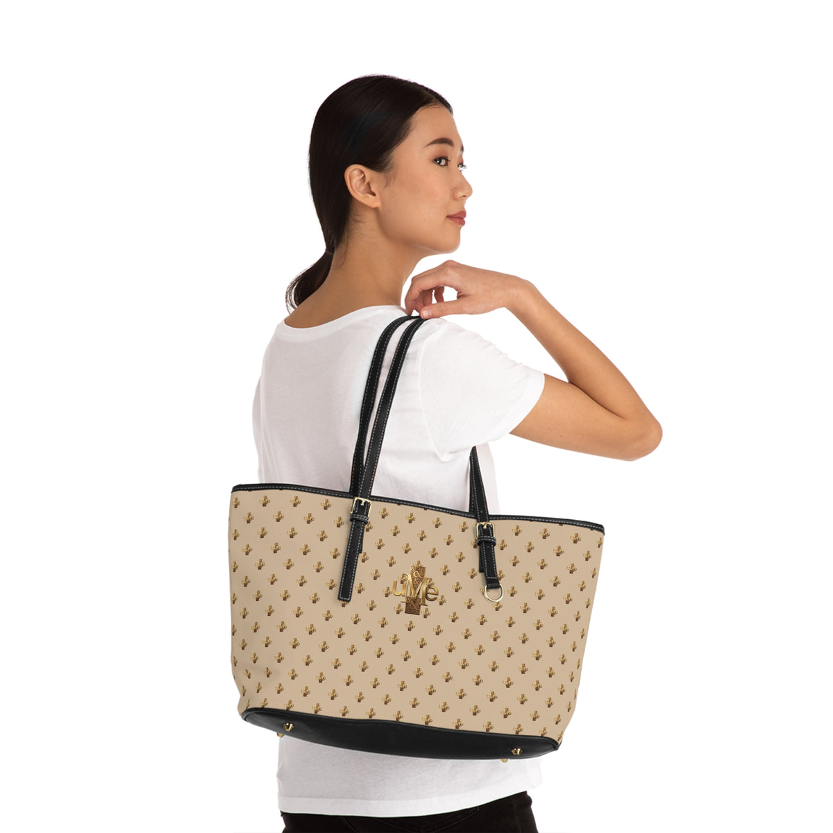 Beige PU Leather Shoulder Tote — Gold uMe Cross Logo Handbag