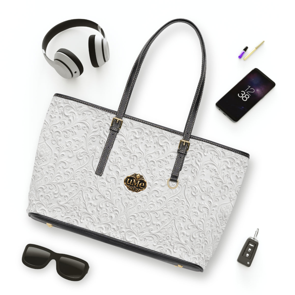 White UME Gold Crest Shoulder Tote — PU Faux Leather Scroll Print