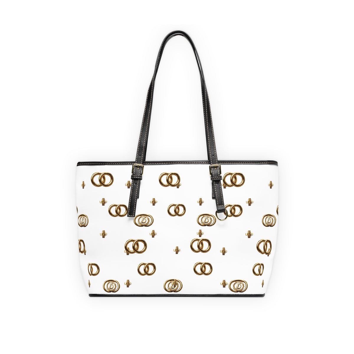 PU Leather Shoulder Bag — White Gold Emblem Tote