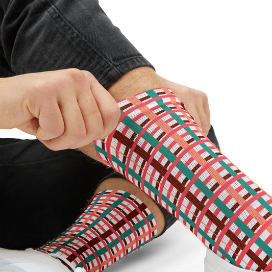 Plaid Pattern Sublimation Socks — Red Green Retro Check Crew Socks