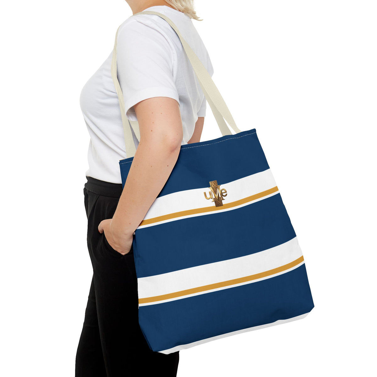 LIVE Cross Tote Bag — Navy & White Stripes with Gold Motif