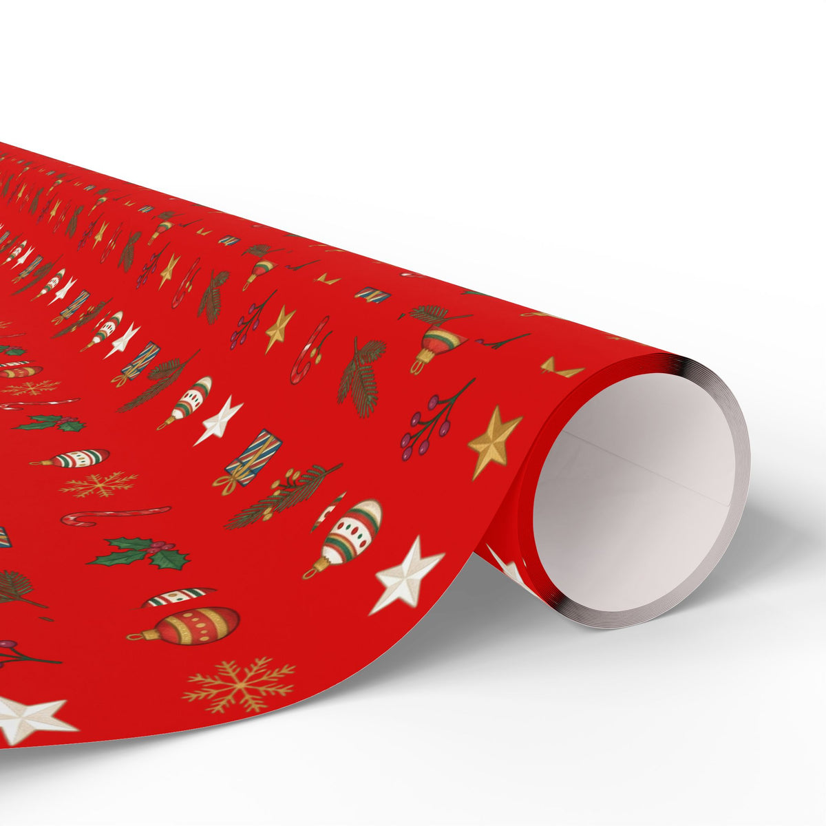 Christmas Wrapping Paper Roll — Red Holiday Ornaments Pattern