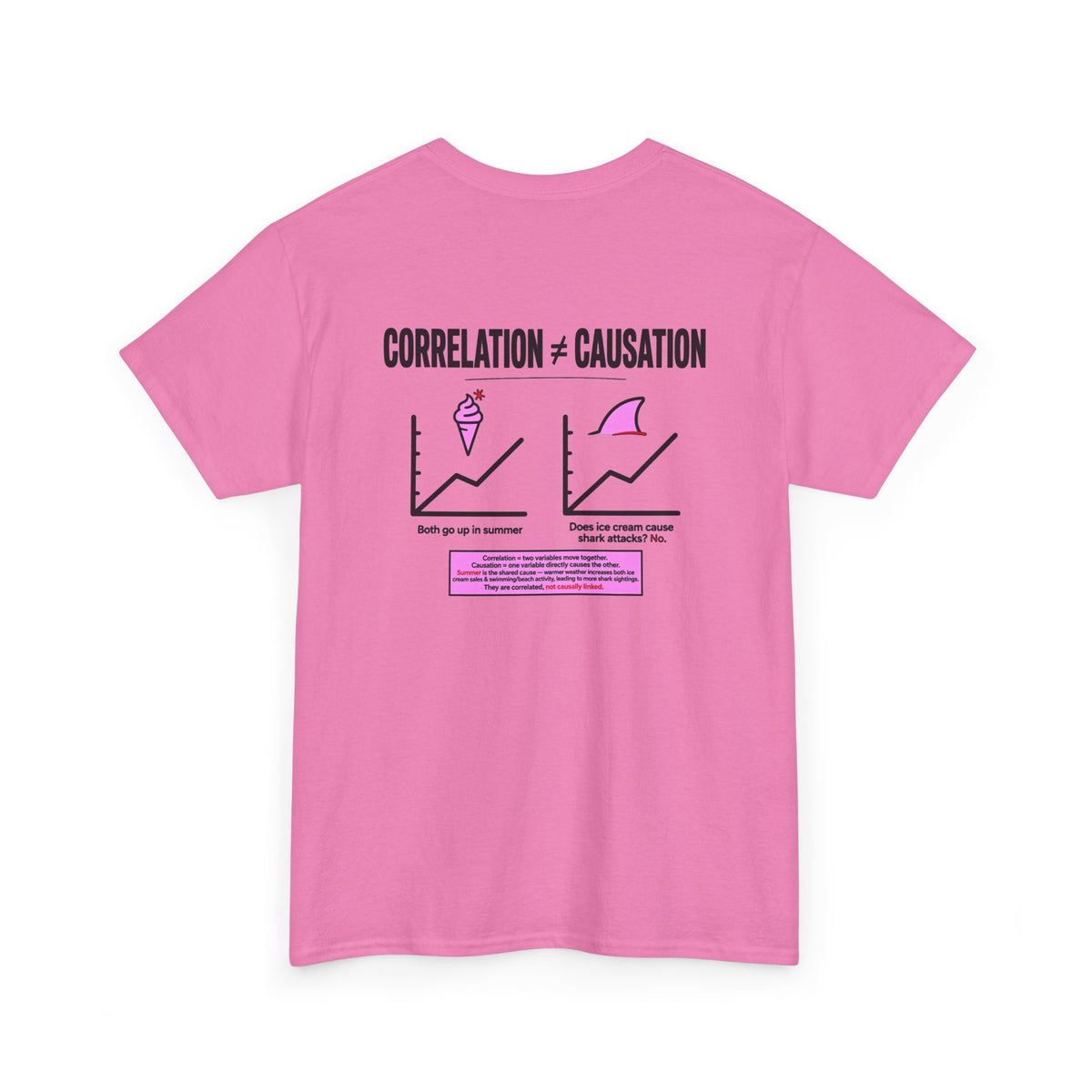 Correlation ≠ Causation Graphic Tee — White, Blue, Pink, Yellow & Neutral Bases