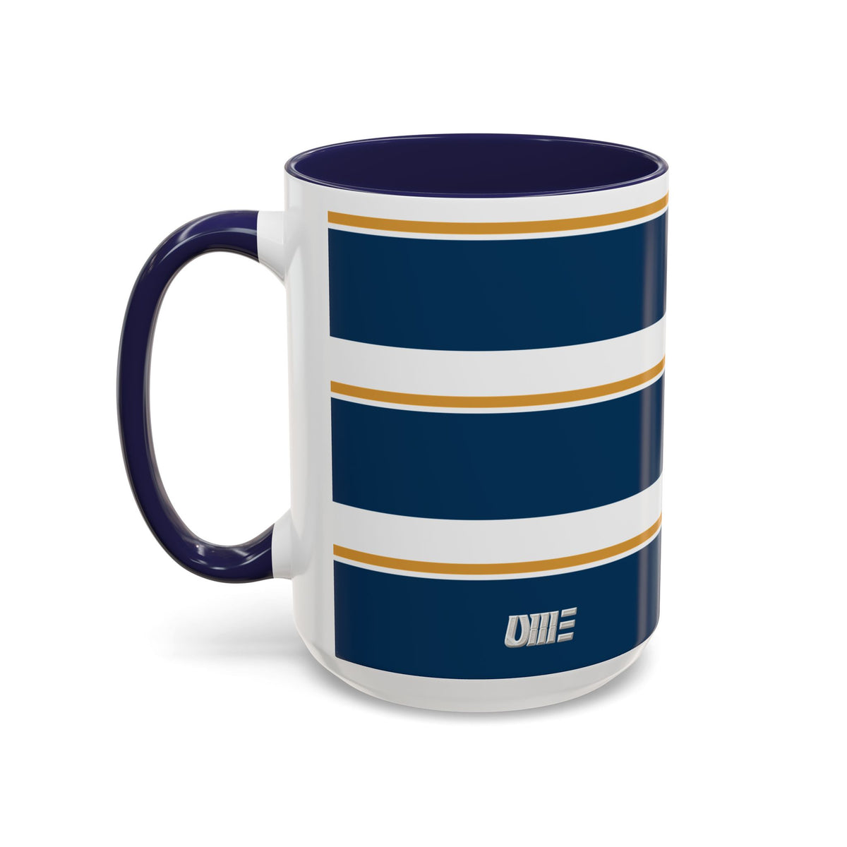 Navy and Gold Striped Accent Mug — White Ceramic