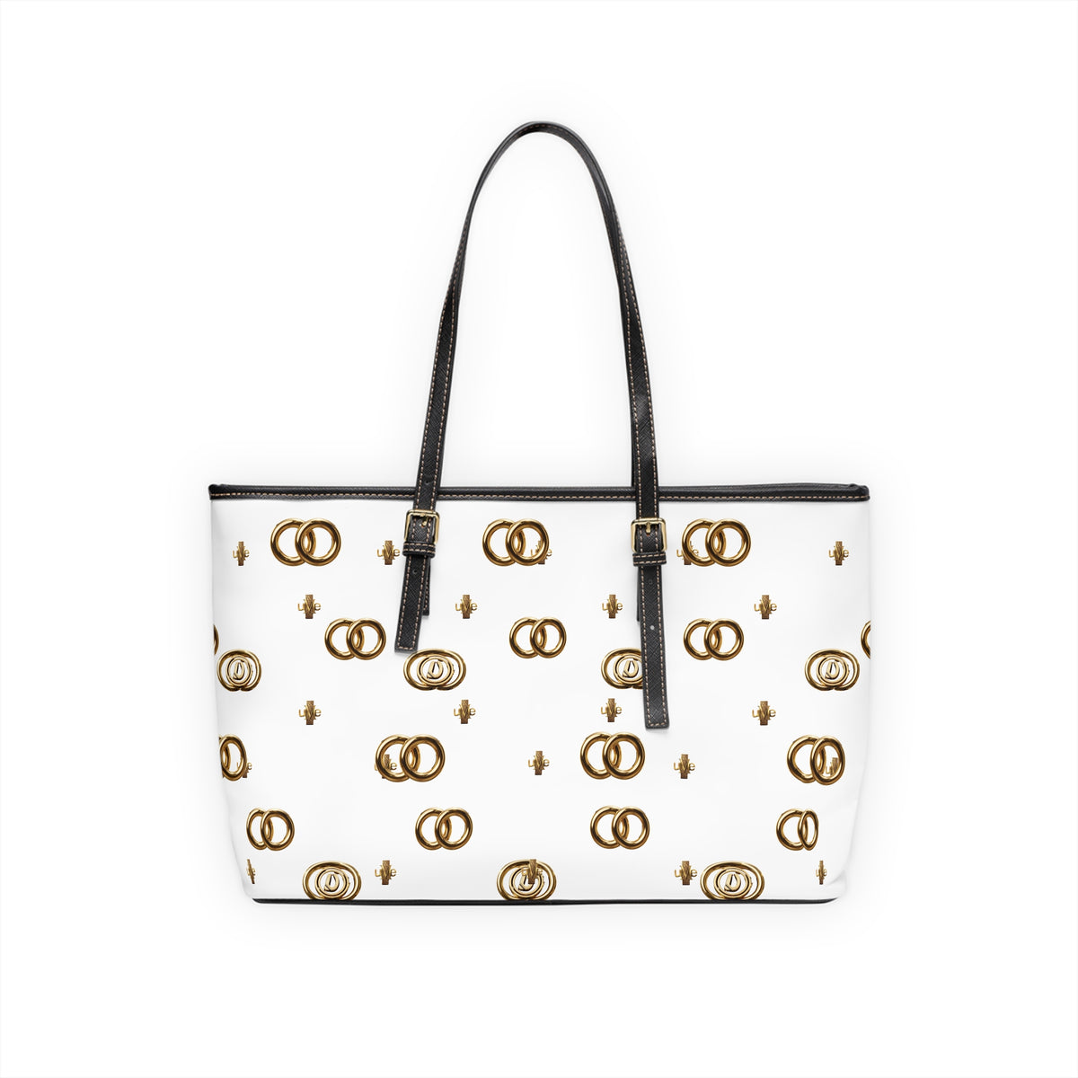 PU Leather Shoulder Bag — White Gold Emblem Tote