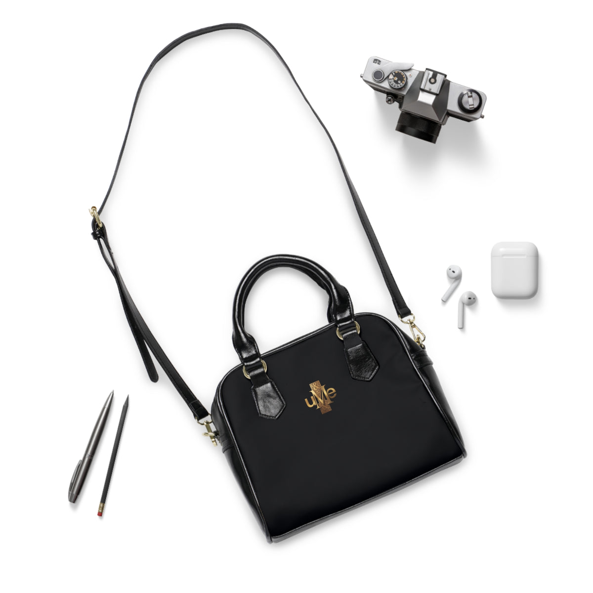 Black Shoulder Handbag — Faux Leather Tote with Gold uMe Cross Logo