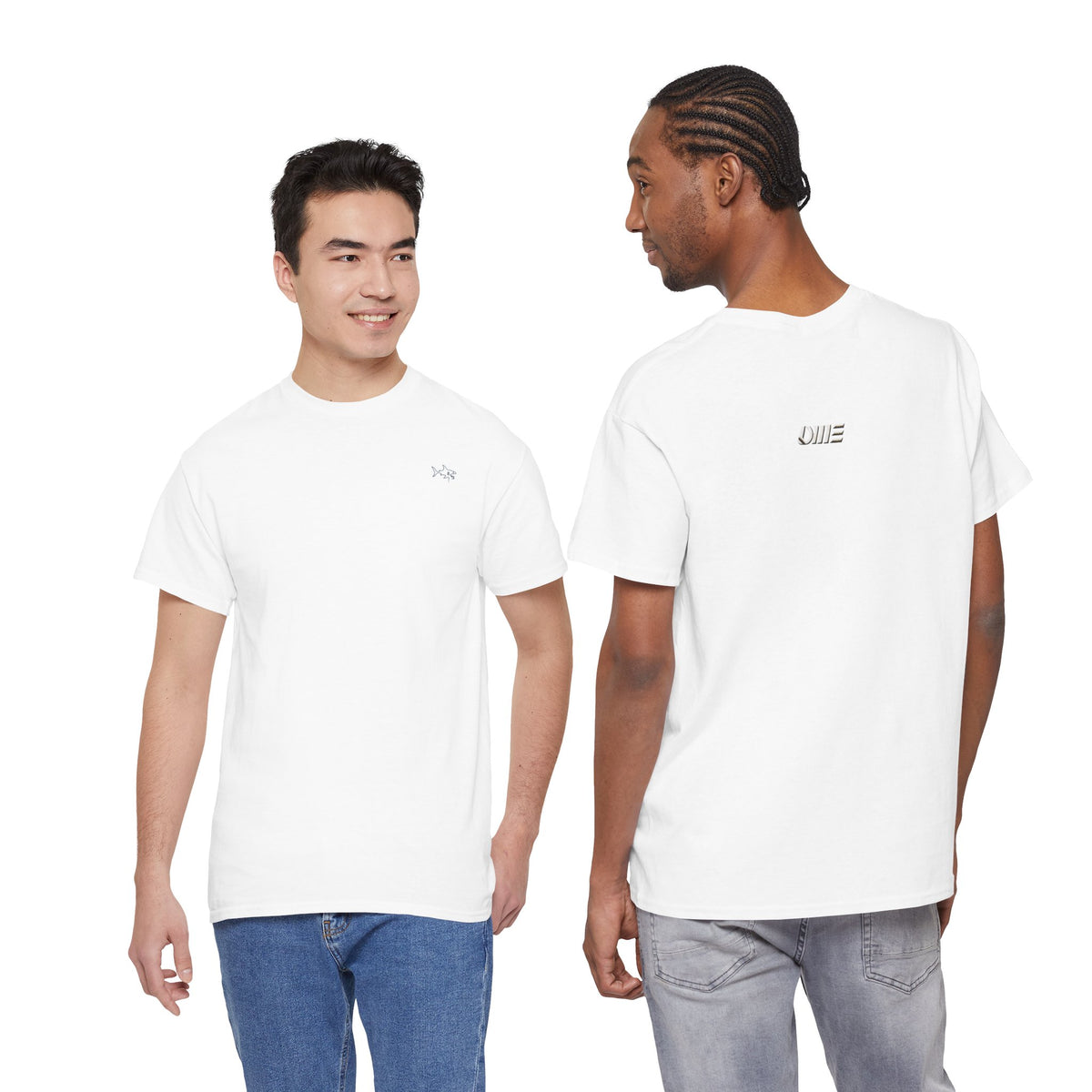 Minimalist string design Fish Tee — Small Chest Fish & Back 'OWE' Graphic