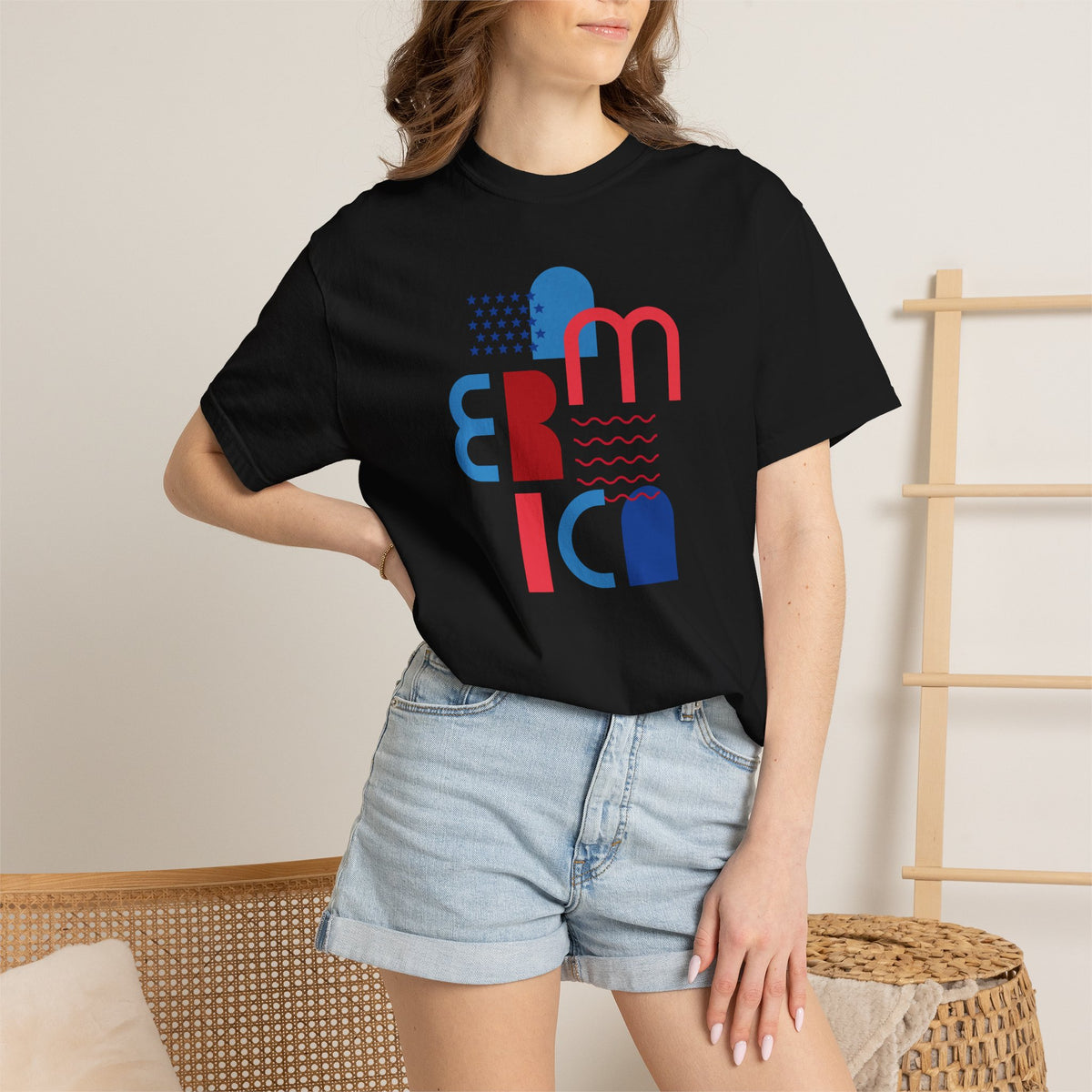 T-Shirt — Abstract 'America' Graphic Tee (Red & Blue Geometric Design)