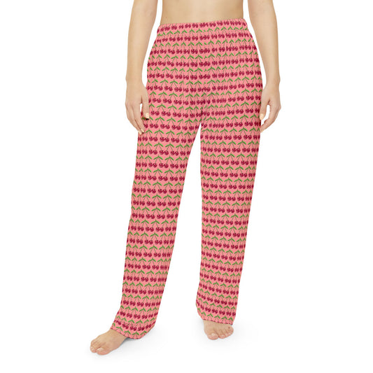 Cherry Pattern Women's Pajama Pants — Pink Cozy Lounge Sleepwear