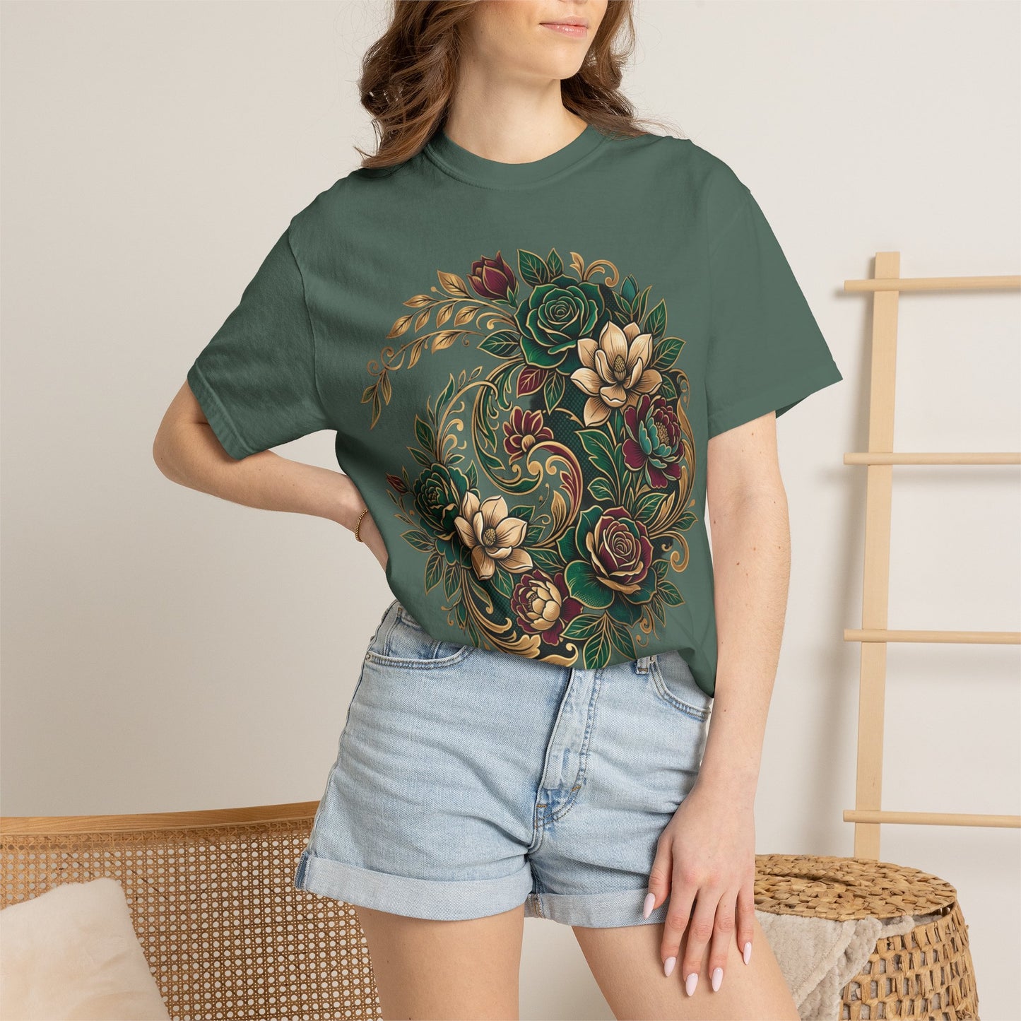 Floral Yin Yang T-Shirt — Vintage Green & Gold Rose Graphic Tee