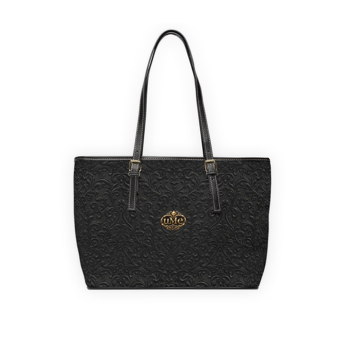 Black UME Gold Crest Shoulder Tote — PU Faux Leather Scroll Print