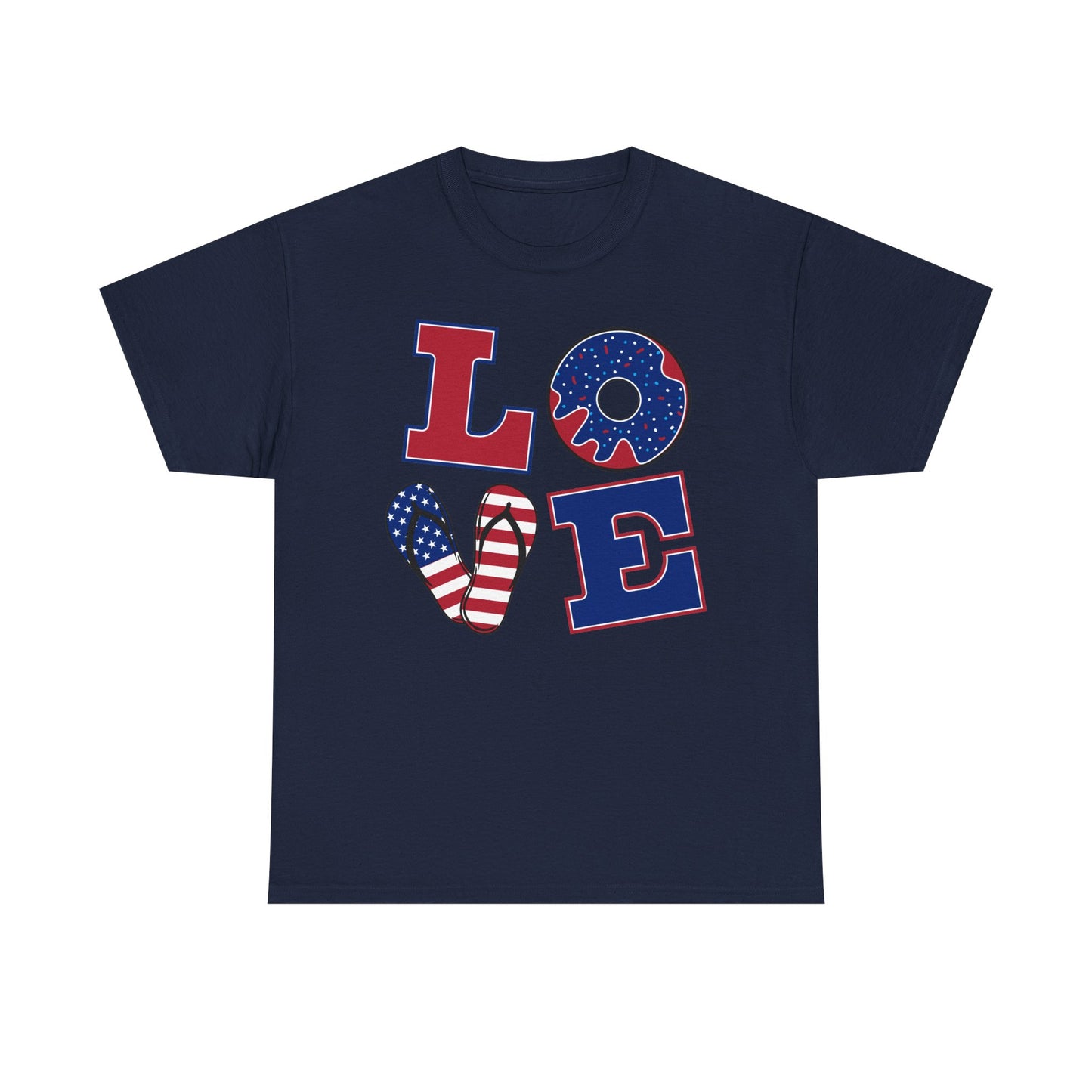 Patriotic "LOVE" Tee – American Flag Donut Heart 4th of July Shirt