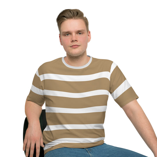 Tan & White Bold Stripe T-Shirt — Men's Relaxed Fit All-Over Print