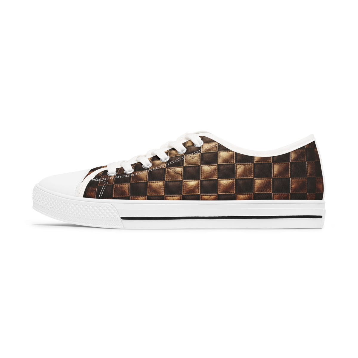 Low Top Sneakers — Brown Checkerboard Woven-Effect Print Women's Casual Shoes