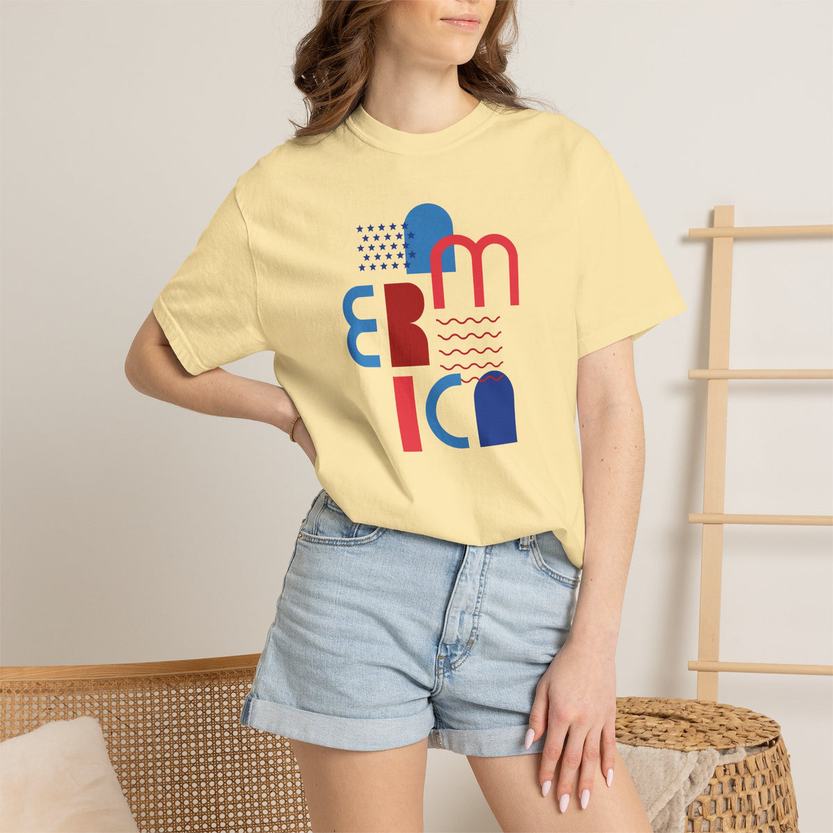 T-Shirt — Abstract 'America' Graphic Tee (Red & Blue Geometric Design)