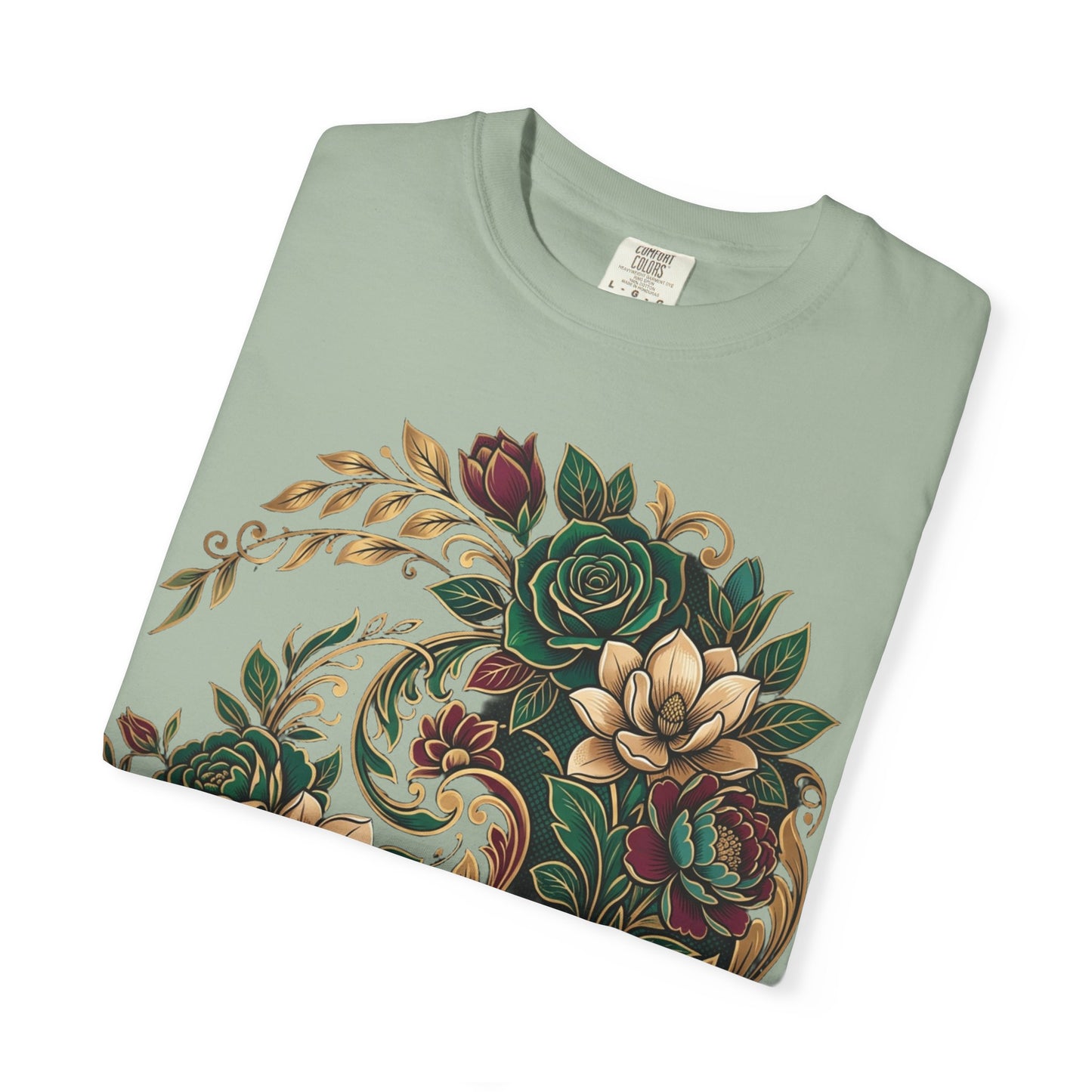 Floral Yin Yang T-Shirt — Vintage Green & Gold Rose Graphic Tee