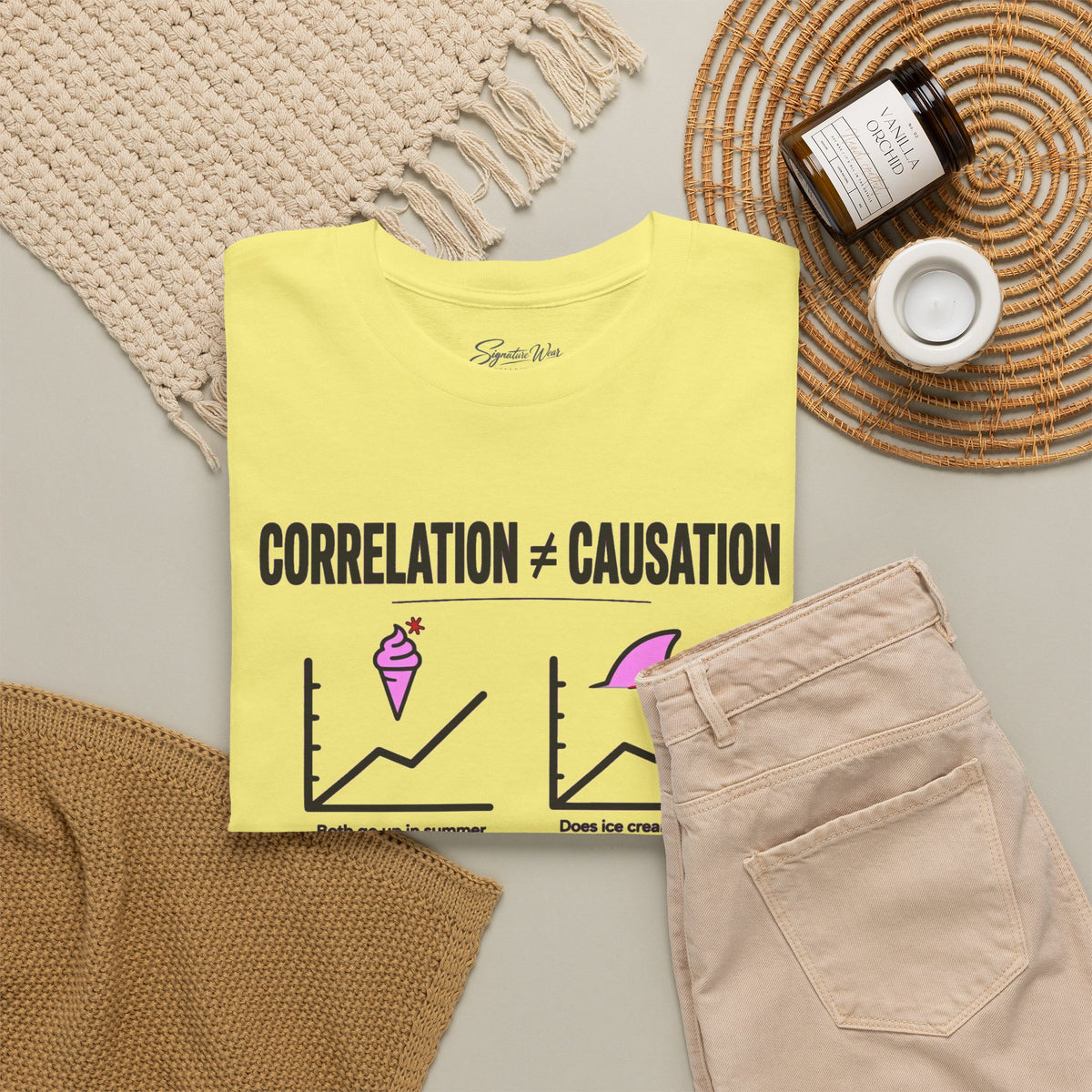 Correlation ≠ Causation Graphic Tee — White, Blue, Pink, Yellow & Neutral Bases