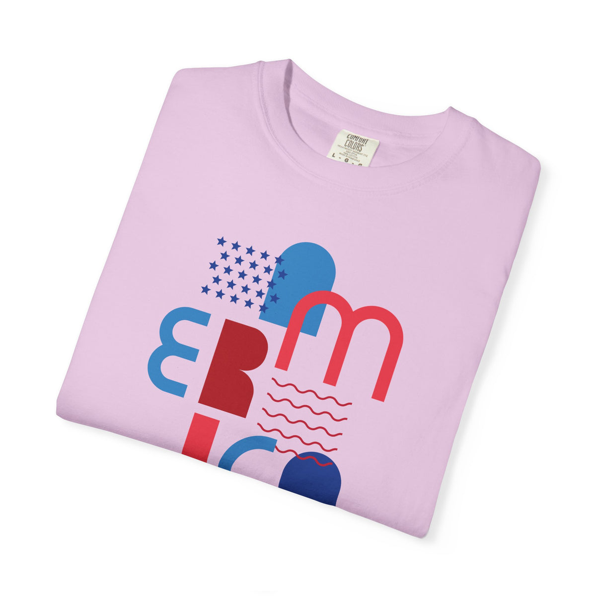 T-Shirt — Abstract 'America' Graphic Tee (Red & Blue Geometric Design)