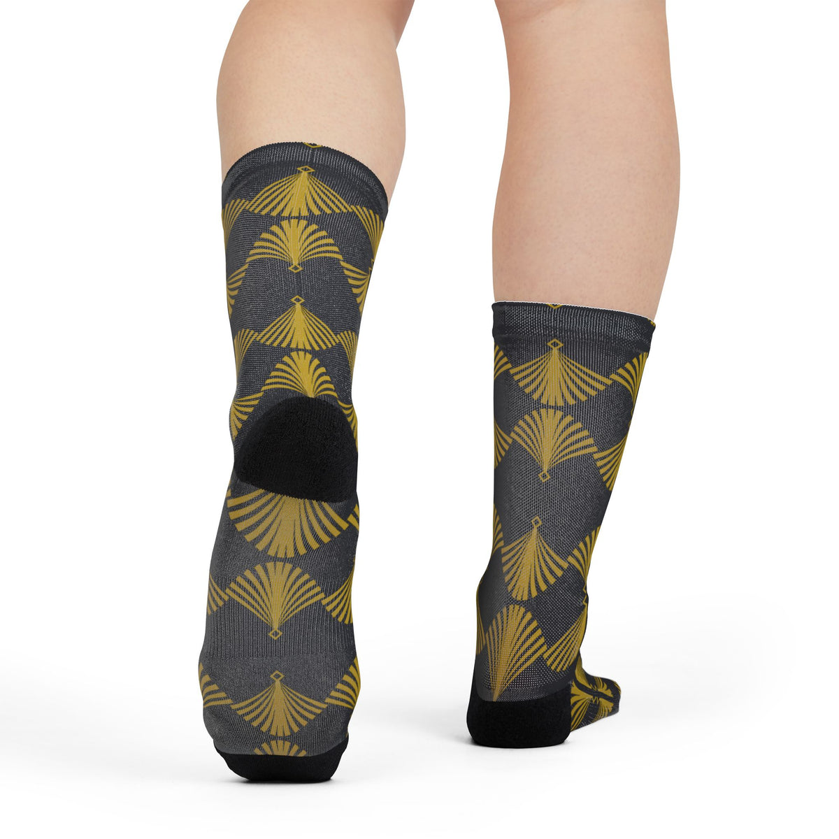 Crew Socks — Gold Art Deco Fan Print on Charcoal