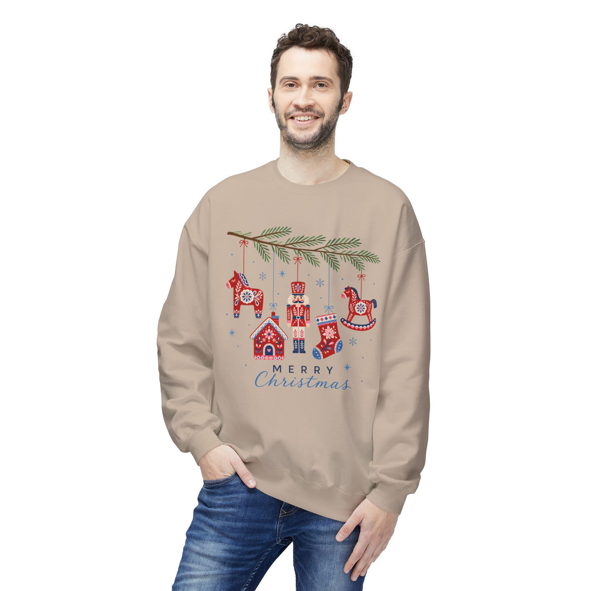 Merry Christmas Scandinavian Folk Art Crewneck Sweatshirt — White, Red & More