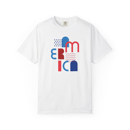 T-Shirt — Abstract 'America' Graphic Tee (Red & Blue Geometric Design)