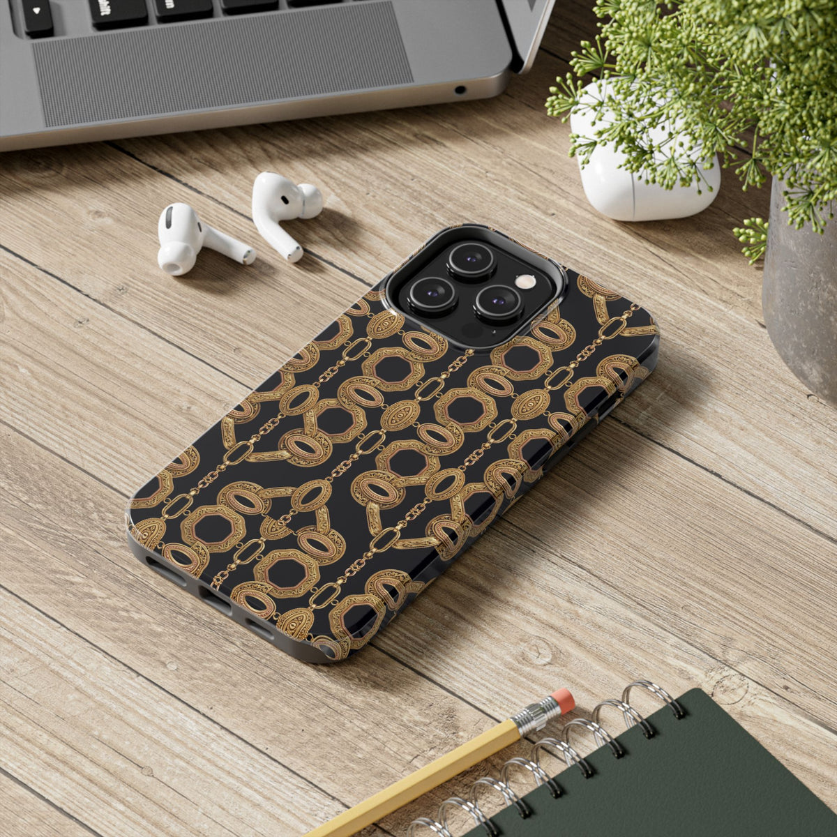 Gold Chain Phone Case — Black & Gold Ornate Chain All-Over Print Tough Cover